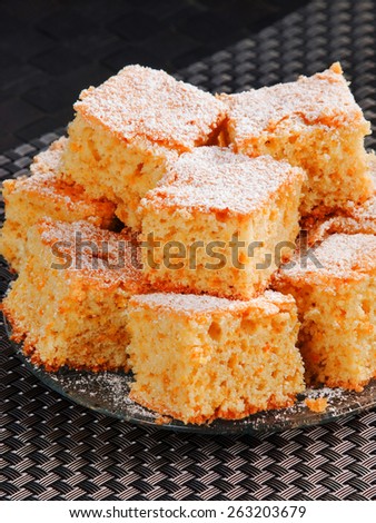 Sweet orange cake, made of floor, eggs, orange zest, sugar and baking powder