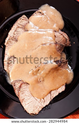 Horse meat, stewed with mushroom sauce