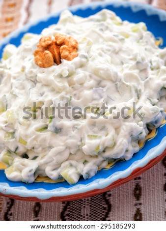 Tzatziki is appetizer from the Greek cuisine made of strained yogurt with cucumbers, garlic and fresh green herbs