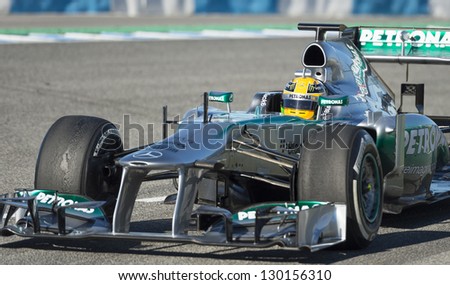 JEREZ (Spain) - FEBRUARY 11th: Lewis Hamilton testing his new Mercedes WO4 F1 car on the first Test at the Jerez Circuit in Jerez, Andalucia, Spain on Feb. 11, 2013.