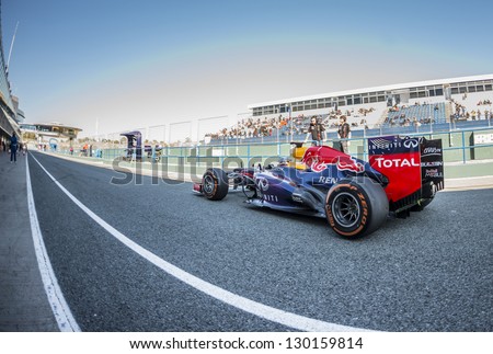 Jerez, Spain - February 11: Sebastian Vettel Testing His New Red Bull Racing Rb9 F1 Car On The First Test At The Jerez Circuit In Jerez, Andalucia, Spain On Feb. 11, 2013.