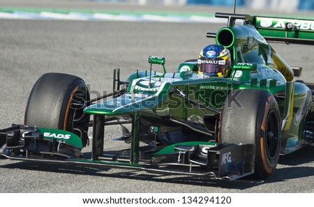 JEREZ, SPAIN - FEB 10: Charles Pic testing his new Caterham F1 car on the first Test at the Jerez Circuit, Andalucia Spain 2013.