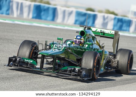 JEREZ, SPAIN - FEB 10: Charles Pic testing his new Caterham F1 car on the first Test at the Jerez Circuit, Andalucia Spain 2013.