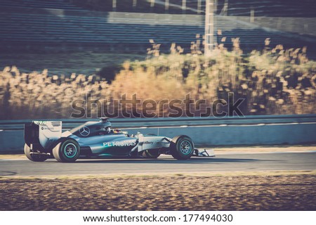 JEREZ, SPAIN - JANUARY 30: Lewis Hamilton testing his new Mercedes W05 F1 car on the first Test at the Jerez Circuit in Jerez, Andalucia, Spain on Jan. 30, 2014.