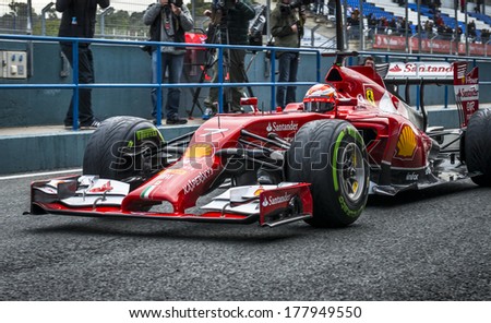 JEREZ, SPAIN - JANUARY 31: Kimi Raikkonen testing his new Ferrari F14 T F1 car on the first Test at the Jerez Circuit in Jerez, Andalucia, Spain on Jan. 31, 2014.