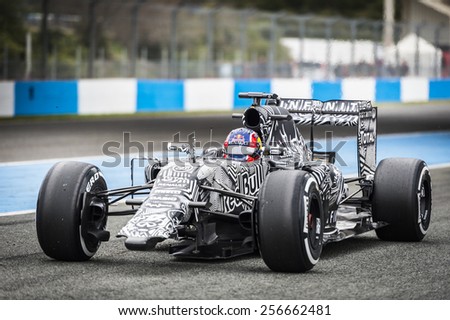 JEREZ, SPAIN - FEBRUARY 2ND: Daniil Kvyat testing his new RB11 Infiniti Red Bull Racing F1 car on the first Test at the Jerez Circuit in Jerez, Andalucia, Spain on Feb. 2, 2015.