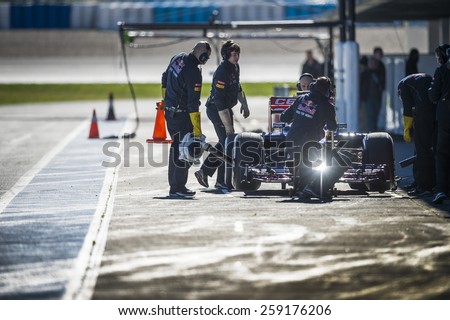 JEREZ, SPAIN - FEBRUARY 2ND: Max Verstappen testing his new STR10 Scuderia Toro Rosso Racing F1 car on the first Test at the Jerez Circuit in Jerez, Andalucia, Spain on Feb. 2, 2015.