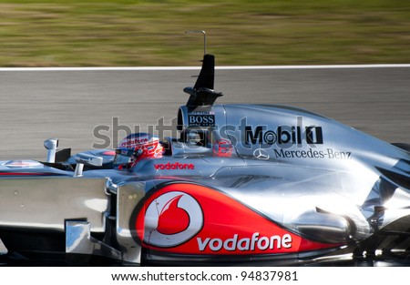 JEREZ, SPAIN - FEBRUARY 8 : Jenson Button test drives his new Mclaren F1 car in the first F1 test Wednesday on February 8, 2012 in Jerez, Spain.