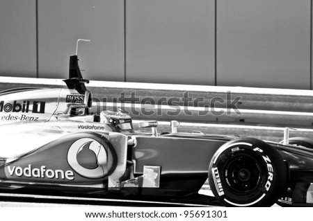 JEREZ, SPAIN - FEBRUARY 9: Lewis Hamilton test drives his new Mclaren in the first F1 test in Jerez, Spain on February 9, 2012.