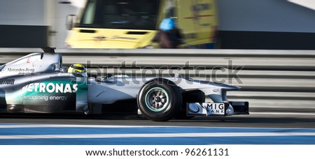 JEREZ, SPAIN - FEBRUARY 9: Nico Rosberg test drives his Mercedes-Benz racing car in the first F1 test in Jerez, Spain on February 9, 2012.