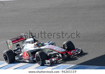 JEREZ, SPAIN - FEBRUARY 9: Lewis Hamiliton test drives his new Mclaren racing car in the first F1 test in Jerez, Spain on February 9, 2012.