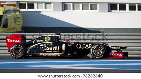 JEREZ, SPAIN - FEBRUARY 9: Romain Grosjean test drives his new Lotus racing car in the first F1 test in Jerez, Spain on February 9, 2012.