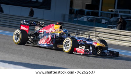 JEREZ, SPAIN - FEBRUARY 9: Sebastain Vettel test drives his new Red BUll racing car in the first F1 test in Jerez, Spain on February 9, 2012.