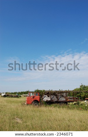 Old Rusted Red Farm Truck in a Field