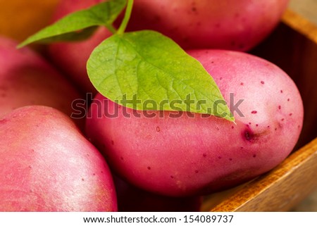 Closeup horizontal photo of a wooden bowl filled with garden fresh red potatoes and green leafs