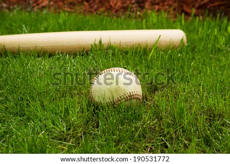 Closeup horizontal photo of old baseball in front of wooden bat on natural grass field