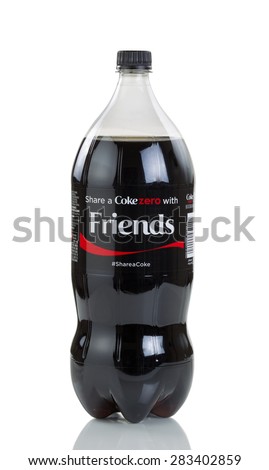 BOTHELL, WA- June 1, 2015: Coke Zero in two liter plastic bottle isolated on white background with reflection.