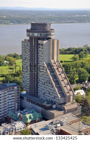 Quebec City Loews Hotel Le Concorde and St Lawrence River Aerial view in summer, Quebec, Canada