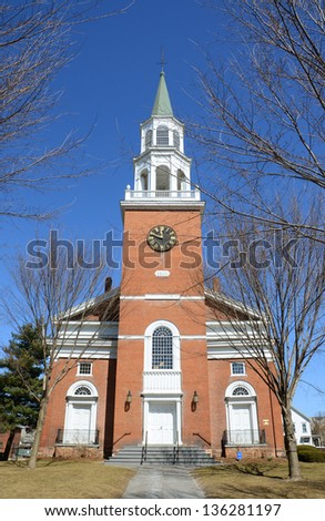 First Unitarian Church was built in 1816 at the head of Church Street as the oldest house of worship in Burlington, Vermont, USA