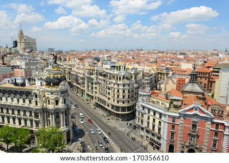 Wide angle aerial view of Madrid City at the Calle de Alcala and Gran Via Madrid Spain Metropolis Building Edificio Metropolis and Telefonica Building are at both sides of Gran Via Wide angle aerial view of Madrid City at the Calle de Alcala and Gran Via Madrid Spain Metropolis Building Edificio Metropolis and Telefonica Building are at both sides of Gran Via