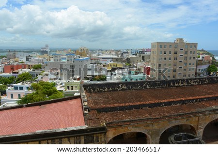 Old San Juan City Skyline, from top of Castillo San Cristobal, San Juan, Puerto Rico. Castillo San Cristobal is designated as UNESCO World Heritage Site since 1983.