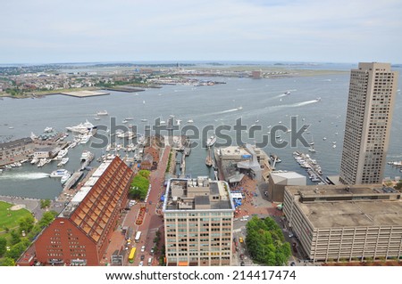 Boston Waterfront, Long Wharf and Boston Harbor aerial view, from top of Custom House, Boston, Massachusetts, USA