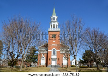 First Unitarian Church was built in 1816 at the head of Church Street as the oldest house of worship in Burlington, Vermont, USA