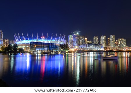 Vancouver City skyline and BC Place Stadium at night, Vancouver, British Columbia, Canada