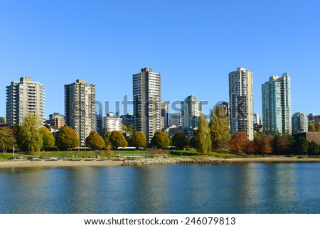 Vancouver City skyline and high rise apartment at the north bank of False Creek, Vancouver, British Columbia, Canada