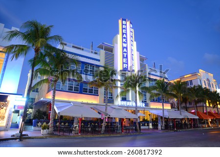 MIAMI - DEC 25: Breakwater Hotel with Art Deco Style Building night scene in Miami Beach at night on December 25th, 2012 in Miami, Florida, USA.