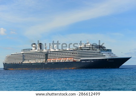 BAHAMAS - DEC 27: Holland American Line Cruise ship Zuiderdam anchore offshore on December 27th, 2014 in  in Half Moon Cay (Little San Salvador Island), Bahamas.