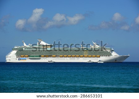 CAYMAN ISLANDS - DEC 30: Royal Caribbean International Cruise ship Independence of the Seas anchor offshore on December 30th, 2014 in George Town, Cayman Islands.