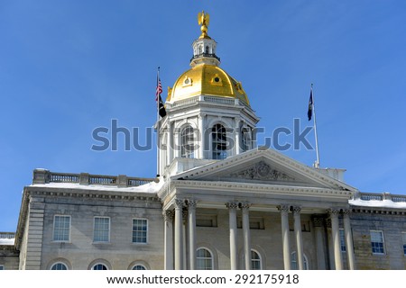 New Hampshire State House in winter, Concord, New Hampshire, USA. New Hampshire State House is the nation\'s oldest state house, built in 1816 - 1819.
