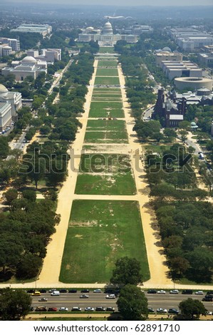 United States Capitol Building and National Mall, bird\'s eye viewed from the top of Washington Monument.