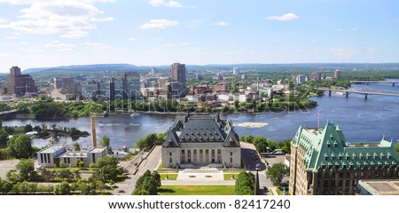 Aerial view of Supreme Court of Canada and Gatineau Skyline, Ottawa, Canada
