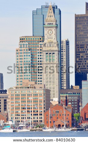 Boston Custom House and Long Wharf in Financial District, Boston, Massachusetts, USA