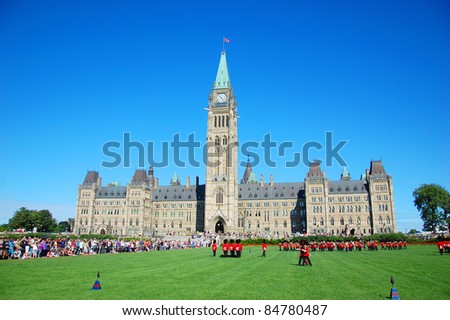 OTTAWA, CANADA - AUGUST 23: The Changing Guard Ceremony takes place at Parliament Hill on August 23, 2011 in Ottawa, Canada. The ceremony is performed in every day in the summer months.