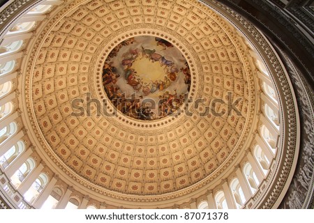 Cupola of United States Capitol Building, Washington DC, USA. The fresco painted on the interior of the Capitol\'s dome titled The Apotheosis of Washington was painted by Constantino Brumidi.