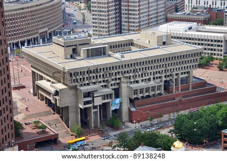 Aerial view of Boston City Hall. Architecturally, it is an example of the brutalist style.
