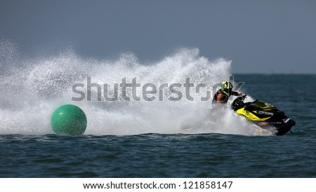 PATTAYA, THAILAND - DECEMBER 7 : Unidentified driver in the race of Jet Ski World Cup Grandprix 2012 on December 07, 2012 in Jomthein beach Pattaya, Thailand
