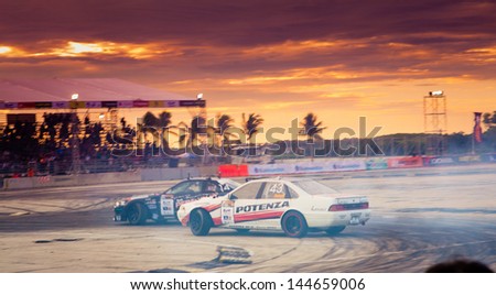 NONTHABURI THAILAND-JUNE 30 : Wide angle view of drifting track with beautiful twiligt sky as background in D1 Grand Prix Series Thailand Professional Drift on June 30, 2013 in Nonthaburi, Thailand.