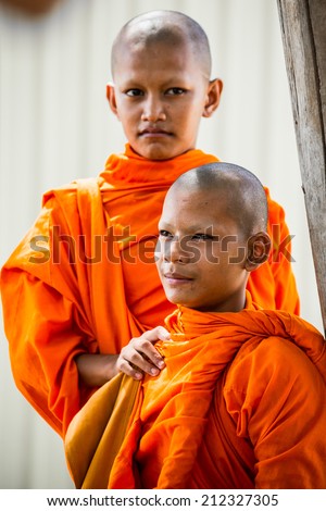CAMBODIA - AUGUST 11 : Portrait of youth monks in Buddhism at Siem Leap province, Cambodia on August 11,  2014.