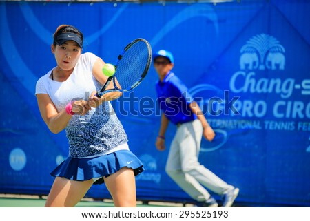 BANGKOK, JULY 11 : Kai-Lin ZHANG (CHN) action in Chang-SAT ITF Pro Circuit International Tennis Federation 2015 at Rama Gardens Hotel on July 11, 2015 in Bangkok, Thailand.