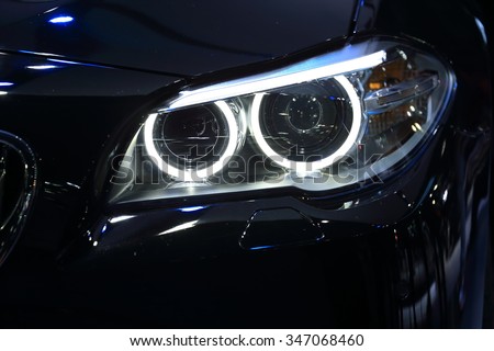 BANGKOK - DECEMBER 1 : Closed up BMW's head light displayed at Thailand International Motor Expo2015 (MOTOR EXPO 2015) exhibition of vehicles for sale on December 1, 2015 in Bangkok, Thailand.