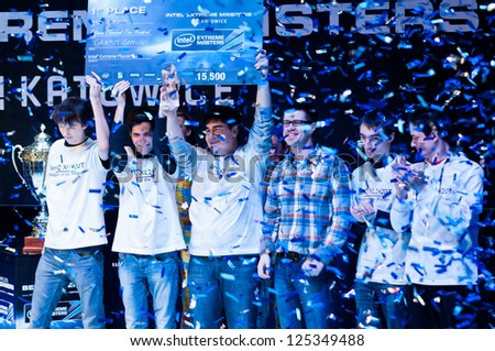 KATOWICE, POLAND - JANUARY 20: Gambit Gaming receives first prize at Intel Extreme Masters 2013 - Electronic Sports World Cup on January 20, 2013 in Katowice, Silesia, Poland.