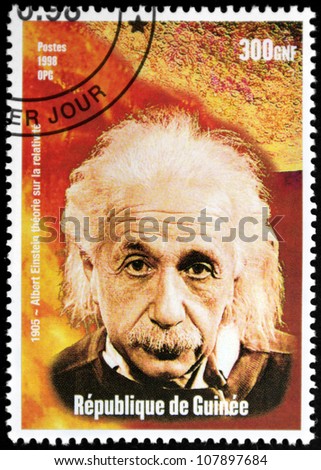 GUINEA CIRCA 1998 A postage stamp printed by GUINEA shows image portrait of famous American physicist Albert Einstein 1879-1955 circa 1998. GUINEA CIRCA 1998 A postage stamp printed by GUINEA shows image portrait of famous American physicist Albert Einstein 1879-1955 circa 1998.