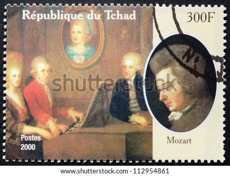 CHAD - CIRCA 2000: A postage stamp printed by Chad shows image portrait of famous Austrian composer Wolfgang Amadeus Mozart, circa 2000.