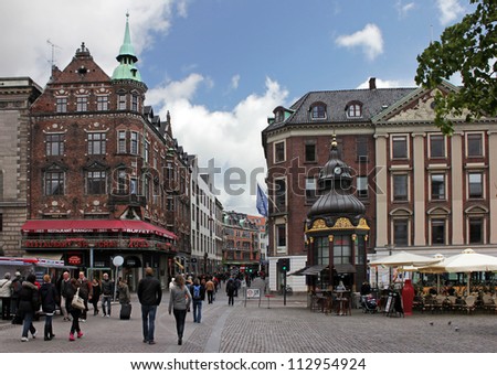 COPENHAGEN - MAY 17 : Stroget - this popular tourist attraction in the center of town is the longest pedestrian shopping area in Europe in Copenhagen, Denmark. On May 17, 2012