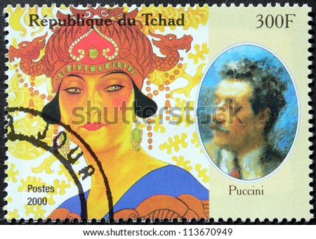CHAD - CIRCA 2000: A postage stamp printed by Chad shows image portrait of famous Italian composer Giacomo Puccini, circa 2000.
