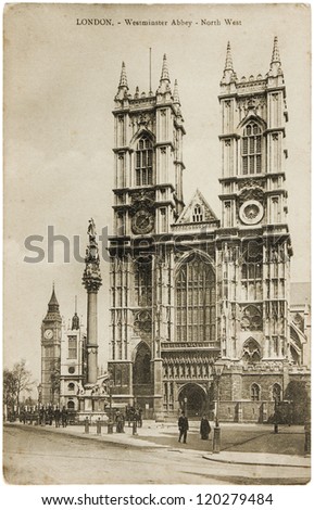 ENGLAND - CIRCA 1909: a postcard printed in England shows sepia toned photo of Westminster Abbey in London, circa 1909.